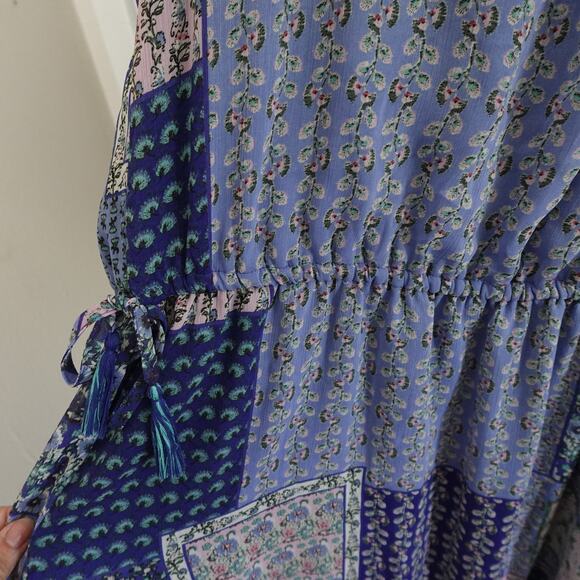 Esprit Patchwork Blue Dress Multi Print Cottage Retro Boho Size 10 Short Sleeve - Picture 6 of 12